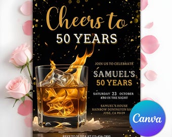 Whiskey Birthday Invitation, Editable Adult Men Birthday Invite, Surprise Party Adult, 30th 40th 50th, Cognac Scotch Liquor, Editable Canva