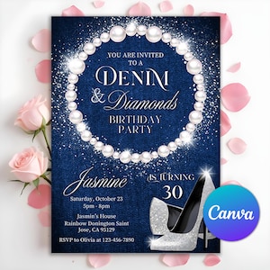 May include: A blue denim and pearl-embellished invitation for a 30th birthday party. The invitation reads "You are invited to a Denim & Diamonds Birthday Party" with the name "Jasmine" and the text "is turning 30".