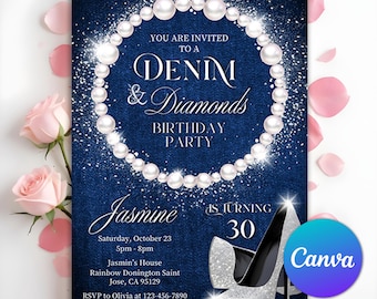 Denim and Diamonds Birthday Party Invitation, Elegant Women Invitation 30th 40th 50th 60th 70th 80th 90th, Blue Jeans Bling, Editable Canva