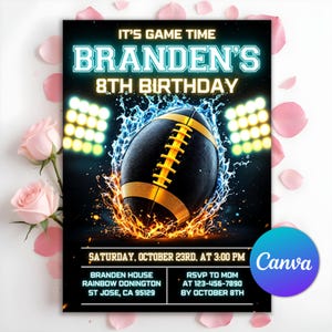 Football-Geburtstagseinladung, Footballspiel, American Football-Einladung, Touchdown Football einladen, Sportparty, bearbeitbare Canva-Vorlage