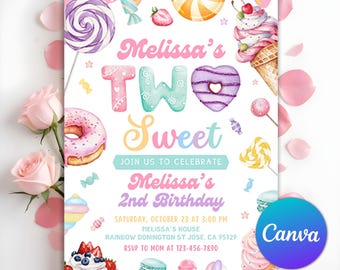 Two Sweet Birthday Invitation, 2nd Birthday Girl Donut Invitation Blush Pink Two Year Dessert Invite, Candy Sweets Donut, Editable Canva