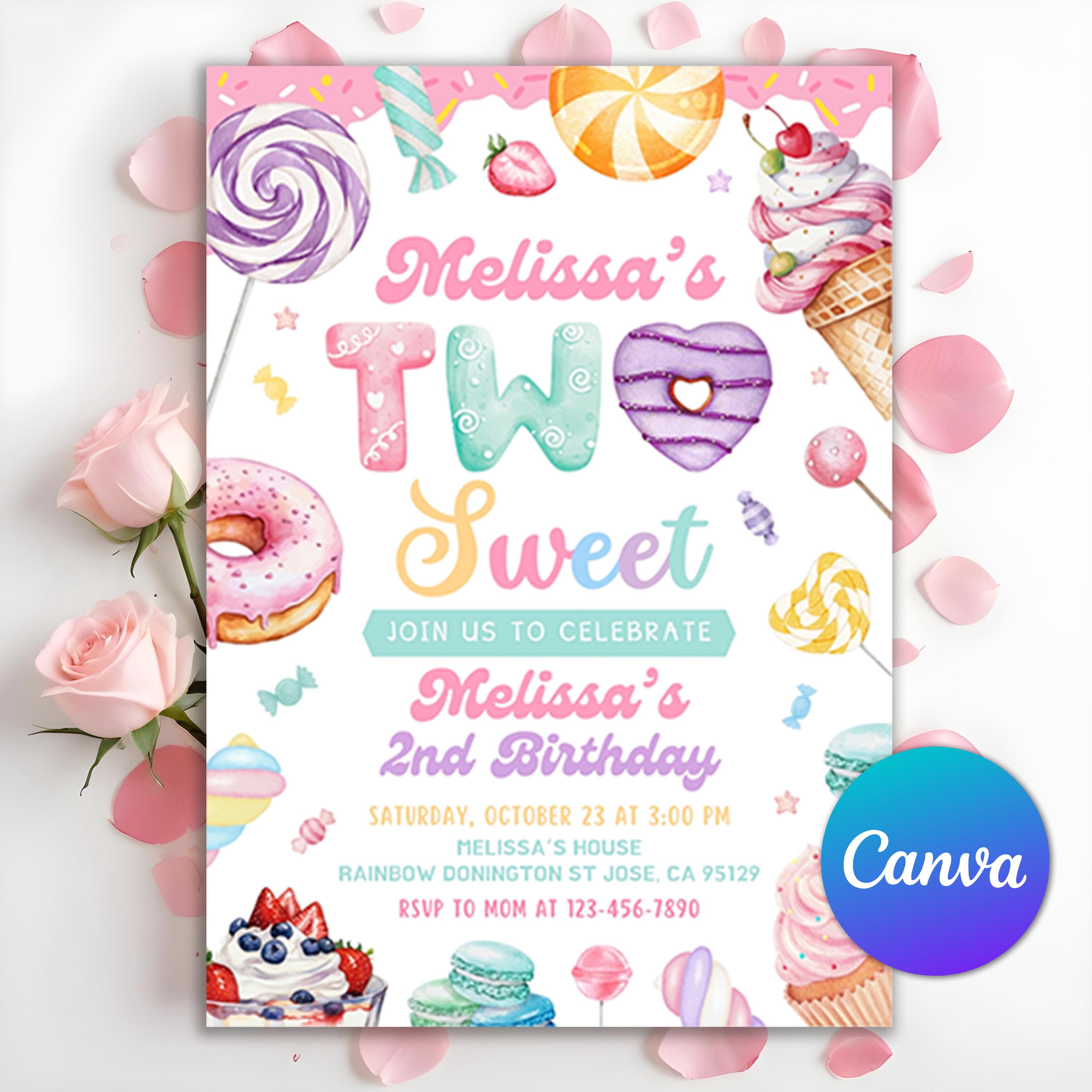 Two Sweet Birthday Invitation, 2nd Birthday Girl Donut Invitation Blush Pink Two Year Dessert Invite, Candy Sweets Donut, Editable Canva