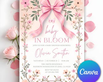 Floral Baby Shower Invitation, Pink Bow Invite, Baby In Bloom Invitation, Spring Baby Shower Invite, Floral Bow, Baby Girl, Editable Canva