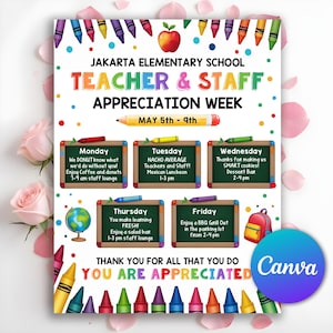 Teachers and Staff Appreciation Week Event Flyer, Teacher & Staff Appreciation Schedule Itinerary, PTO PTA Event, Editable Canva Template