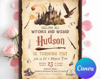 Invitación de cumpleaños de magos y brujas, invitación de cumpleaños mágica, invitación a fiesta de magia en el castillo, invitación de cumpleaños infantil, plantilla editable de Canva