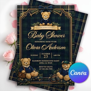 May include: Baby shower invitation with a navy blue and green plaid background. The invitation features teddy bears, a navy blue bow, and the text "Baby Shower" and "Olivia Anderson". The date and time are also included.