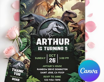 Dinosaur Party Invitation, Dinosaur World Invite, Dino Boy Birthday Party, T-Rex Party Invite, Jurassic 1st 3rd 5th Birthday, Editable Canva