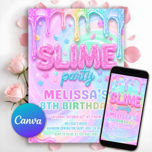 Könnte beinhalten: Eine farbenfrohe Einladung zu einer Geburtstagsparty zum Thema Schleim. Das Design zeigt tropfenden Glitzer, Pastellfarben und den Text "SLIME party" und "8TH BIRTHDAY". Ein Smartphone zeigt das gleiche Design.