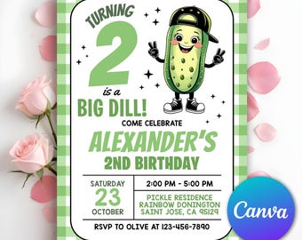 Pickle Birthday Invitation, Turning Two is a Big Dill, Pickle 2nd Birthday Invitation, Big Dill Pickle Kids Birthday Invite, Editable Canva