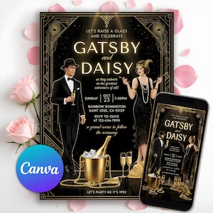Op de afbeelding: Een zwart en goud Gatsby-thema uitnodiging met de woorden "Gatsby and Daisy". Het ontwerp bevat illustraties van een man en een vrouw in kleding uit de jaren 1920, champagne en art deco-elementen. Een smartphone toont de uitnodiging.