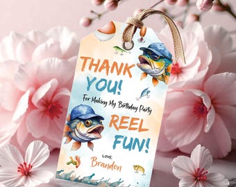 Etiqueta de agradecimiento para cumpleaños de pesca, fiesta de cumpleaños de lubina con carrete divertido, etiqueta de recuerdo de cumpleaños de niño pescador, etiqueta de agradecimiento para regalo, Canva editable