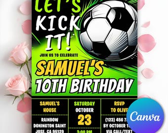 サッカー誕生日招待状、Let's Kick it Soccer招待状、フットボール招待状、キッズサッカー招待状、ボーイズサッカーパーティー招待状、編集可能なCanva