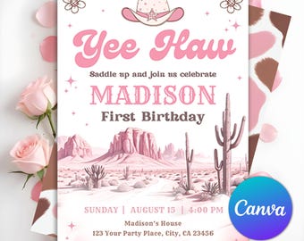 Invitación de cumpleaños de vaquera, invitación de fiesta de vaquera rosa, cumpleaños de vaquera espacial, fiesta de Nashville, invitación de rodeo disco, plantilla editable de Canva