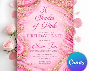 Könnte beinhalten: Rosa Geburtstagseinladung mit dem Text "30 Shades of Pink" und Details für Olivias Geburtstag. Das Design zeigt einen rosa-goldenen Marmorhintergrund mit Rosenakzenten und dem Canva-Logo.