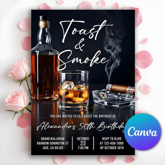 Whiskey & Cigars Birthday Invitation, Toasts and Smokes invitation, Men Invitation, Adult Invite, Aged To Perfection, Editable Canva Templat