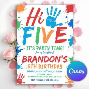 Hi-five 5th Birthday Invitation, Hi Five Invite Template, High Five Birthday, Colorful Birthday Invite, Modern Party Invite, Editable Canva