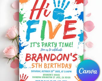 Hi-five 5th Birthday Invitation, Hi Five Invite Template, High Five Birthday, Colorful Birthday Invite, Modern Party Invite, Editable Canva
