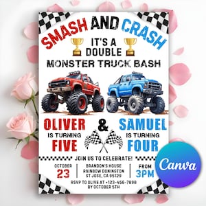 monster jam birthday,dirty,monster truck party,monster truck invite,monster truck card,monster truck bday,monster trucks,monster truck theme,big trucks,truck invitation,boy joint invite,siblings birthday,double invitation