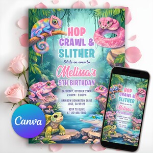 Könnte beinhalten: Eine farbenfrohe Geburtstagseinladung mit dem Text "Hop Crawl & Slither" und "Melissa's 5th Birthday." Das Design zeigt Illustrationen eines Chamäleons, einer Schlange, eines Frosches, einer Schildkröte und eines Alligators. Ein Smartphone zeigt die gleiche Einladung.