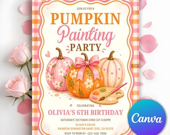 May include: A rectangular invitation card with an orange and white gingham border featuring the text JOIN US FOR A PUMPKIN PAINTING PARTY CELEBRATING OLIVIA'S 6TH BIRTHDAY. The design includes three illustrated pumpkins, a paint palette, and a brush.