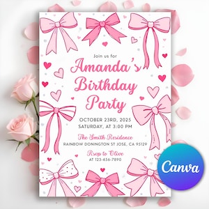 Pink Bow Theme Birthday Invitation, Pink Bow Birthday, Coquette Pink Bow Birthday Invitation, Girl Birthday Invite, Editable Canva Template