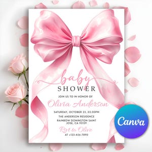 Bow babyshower uitnodiging, meisje coquette babyshower uitnodigen, boog meisje babyshower uitnodigen, roze strik babyshower uitnodiging, bewerkbare Canva