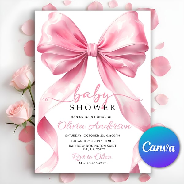 Bow Baby Shower Invitation, Girl Coquette Baby Shower Invite, Bow Girl Baby Shower Invite, Pink Bow Baby Shower Invitation, Editable Canva