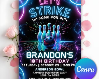Bowling Birthday Invitation, Neon Bowling Party, Boy Bowling Invite, Glow Bowling Invitation, Glow Invite, Strike Up Some Fun,Editable Canva