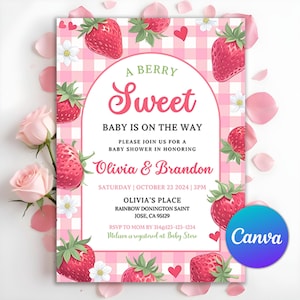 Berry Sweet Baby Shower Invitation, Strawberry Baby Shower Invitation, Pink Baby Shower Invitation, Berry Sweet Baby Shower, Editable Canva