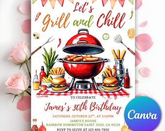 Invitación de cumpleaños con barbacoa, invitación de cumpleaños con barbacoa, invitación a fiesta de barbacoa, invitación de cumpleaños con barbacoa, plantilla editable de Canva