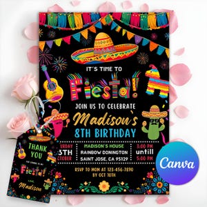 Fiesta verjaardagsuitnodiging, Mexicaanse bloemen verjaardagsuitnodiging, Mexicaanse Papel Picado verjaardagsuitnodiging, Mexicaanse thema-uitnodiging, bewerkbare Canva