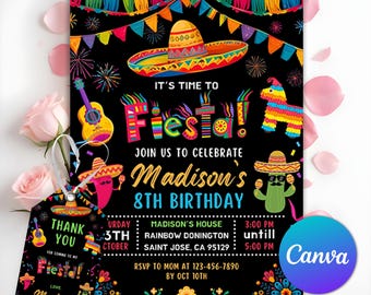 Invitación de cumpleaños de fiesta, invitación de cumpleaños floral mexicana, invitación de cumpleaños de papel picado mexicano, invitación con temática mexicana, Canva editable