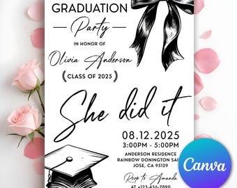 Black Bow Graduation Party Invitation, Graduation Announcement, Minimalist Graduation Invitation, Grad Party, High School, Editable Canva