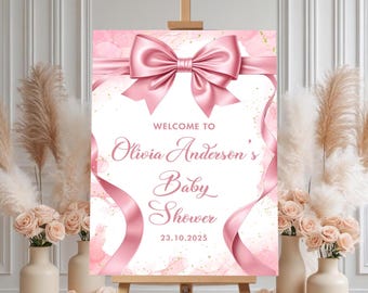 Różowa kokardka na powitanie na baby shower, Nowoczesna kokardka na przyjęcie ogrodowe, Zaproszenie na baby shower dla dziewczynki, Elegancka różowa kokardka, Edytowalny Canva