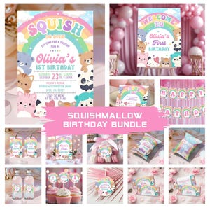 May include: A Squishmallow-themed birthday party bundle featuring invitations, a welcome sign, thank you cards, cupcake toppers, water bottle labels, and party favours. The design incorporates pastel colours, rainbows, and animal characters.