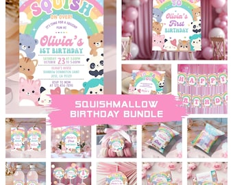 May include: A collection of Squishmallow-themed birthday party supplies. The set includes invitations, a welcome sign, thank you cards, cupcake toppers, water bottle labels, and party favors. The color scheme is pastel with rainbow and animal designs.