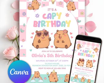 Capybara Birthday Invitation, It’s A Capy Birthday Invite, Cute Floral Pink Girls Capybara Party Invite, Spring Capy Birthday Editable Canva