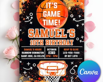 Basketbal verjaardagsuitnodiging, verjaardagsuitnodiging sportfeest, sportthema, kinderverjaardagsfeestje, meisjes jongens verjaardag, bewerkbaar canvas