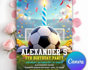 サッカー誕生日招待状、フットボール招待状、キッズサッカー招待状、レッツキックイットサッカー招待状、ボーイズサッカーパーティー招待状、編集可能なCanva