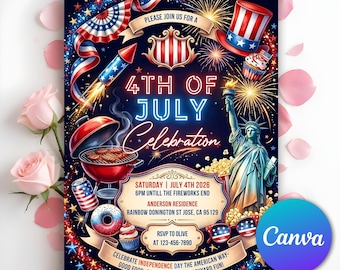 4th Of July BBQ Invitation, Party In USA Invite, Independence Day BBQ Barbeque Invite, America 250th Anniversary Invitation, Editable Canva