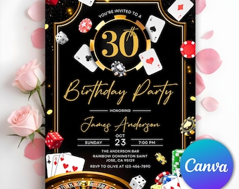 Casino Birthday Invitation, Casino Night, Casino Theme Birthday, Casino Retirement, Playing Cards Poker, 21st 30th 40th 50th, Editable Canva