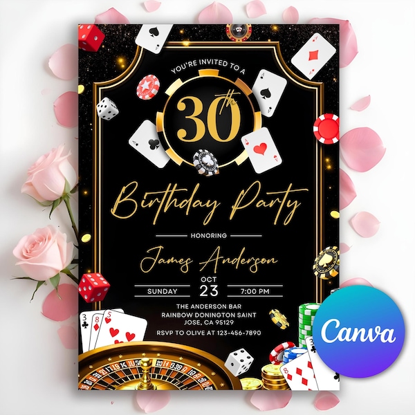 Casino Birthday Invitation, Casino Night, Casino Theme Birthday, Casino Retirement, Playing Cards Poker, 21st 30th 40th 50th, Editable Canva