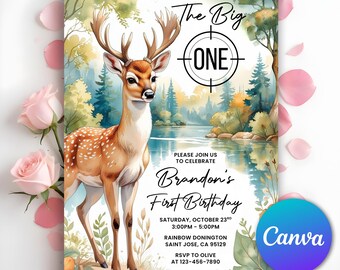 Hunting First Birthday Invitation, The Big One, Buck Birthday, Boy First Birthday, Camo Deer Birthday Invite, Whitetail Deer, Editable Canva