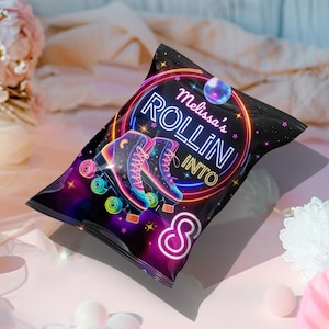 Roller Skating Birthday Chips Bag Labels, Skate Party Birthday, Decor Neon Glow Disco Roller Skating Party Snack Treats Bag, Editable Canva