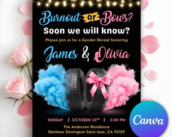 Könnte beinhalten: Eine schwarze Gender-Reveal-Einladung mit dem Text "Burnout or Bows?" und "Soon we will know?" in Weiß und Blau. Die Einladung enthält die Namen James & Olivia sowie Datum und Uhrzeit der Veranstaltung. Zwei Reifen sind mit blauem und rosa Rauch versehen.