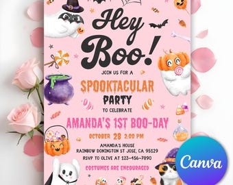 Halloween Pink Ghost Birthday Invitation, Spooktacular Halloween Party, Hey Boo Ghost Party, Halloween Party Invite, Editable Canva Template