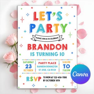 Invitation d'anniversaire colorée simple, invitation à une fête, fête lumineuse et gaie, invitation imprimable, tout âge, modèle de toile modifiable