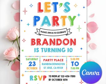 Simple Colorful Birthday Invite, Let's Party Invitation, Bright and Cheerful Party, Printable Invitation, Any Age, Editable Canva Template