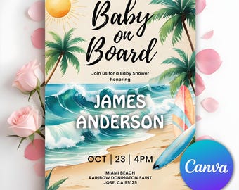 Invitación para baby shower "Bebé a bordo", invitación para baby shower de playa con tabla de surf, ¡A surfear!, invitación para baby shower de niño surfista de verano, Canva editable