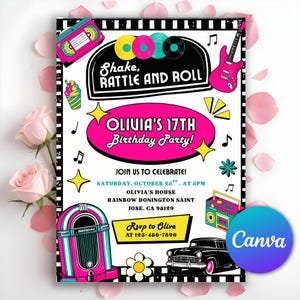50&#39;S Birthday Invitation, Retro Diner Birthday Invitation, Fifties Birthday Invitation, Retro Birthday Party Invite, Editable Canva Template